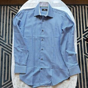 Blue and White Dress Shirt with Subtle Check Pattern